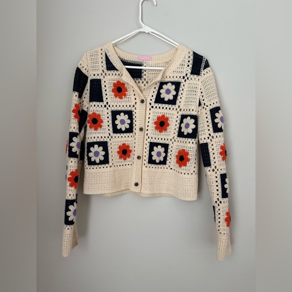 Sweaters - Women's Patchwork Crochet Sweater Cardigan Cottagecore Boho Size Large S/M